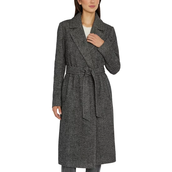 Budget π― Sam Edelman π© Women's Belted Tweed Wrap π§₯ Coat Black And White π₯° - Image 5