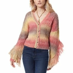 Cheap ✔️ Sam Edelman Fringe Bell Sleeve Button Front Sweater Wine 🎁