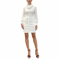 Flash Sale ⌛ Sam Edelman 👩 Women's Cowlneck Tie-Waist Mini Sweater 👗 Dress Ecru ⭐